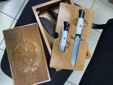 Ножи (Набор) Финка НКВД складная + фиксированная сталь S390 белый акрил с красной звездой