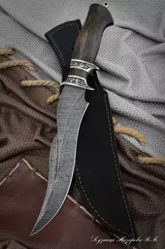 Нож Эксклюзив дамаск долы карельская береза коричневая мельхиор