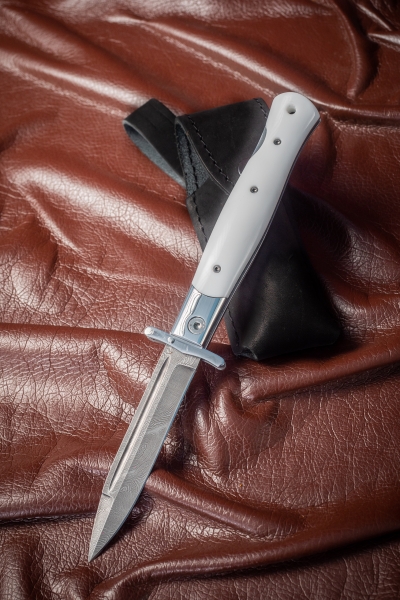 Нож складной (кортик) "СССР" сталь дамаск рукоять акрил белый