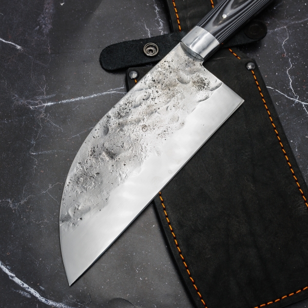 Сербский нож цельнометаллический со следами ковки сталь 95х18 накладки G 10 черная и серая (Распродажа)