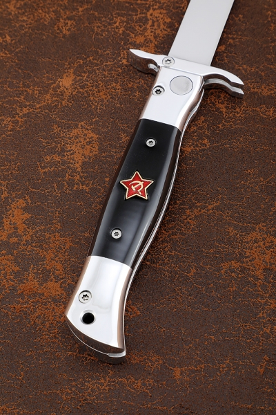 Нож Финка НКВД выкидная сталь S390 накладки акрил черный с красной звездой