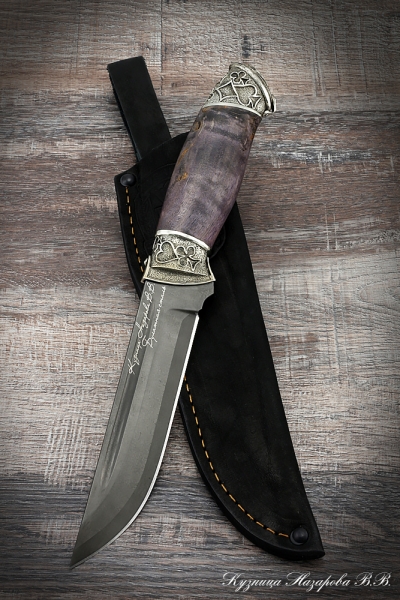 Knife hunting Fighter wootz steel melchior stabilized Karelian birch (purple) (inscription)