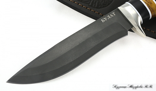 Нож Варан булат мельхиор черный граб стабилизированная карельская береза (янтарная)