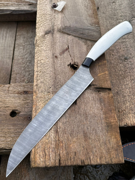 Шеф нож №14 сталь дамаск цельнометаллический, накладки G10 белые с черным (распродажа)