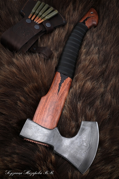 Axe-23 Damascus bubinga carved