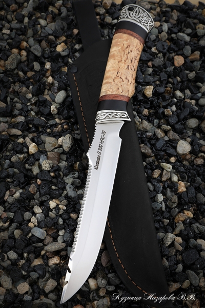 Нож Рыбак 2 S390 мельхиор черный граб карельская береза с крючком
