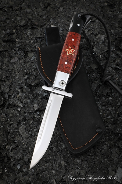 Нож Финка НКВД складная сталь х12мф накладки акрил красный+черный с красной звездой