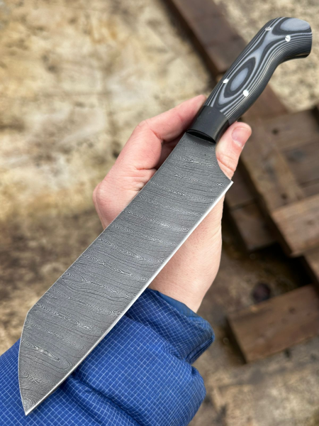 Шеф нож №10 сталь дамасская цельнометаллический, накладки G10 серые (распродажа)