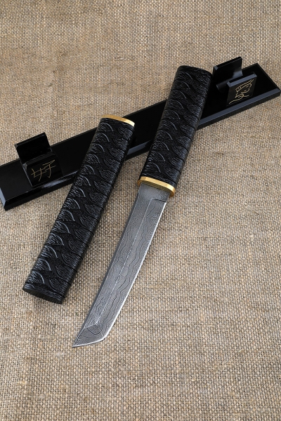 Knife Samura Damascus Black Hornbeam Carved Wooden Sheath on a stand