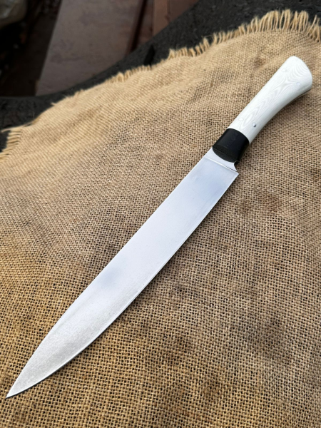 Шеф нож №14 сталь х12мф цельнометаллический, накладки G10 белые и черные (распродажа)