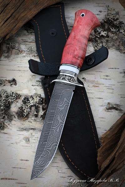 Knife Infantryman Damascus wavy nickel silver Karelian birch red acrylic