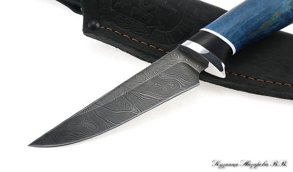 Нож Ласка дамаск черный граб стабилизированная карельская береза (синяя)