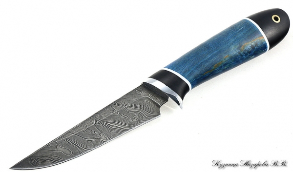 Нож Ласка дамаск черный граб стабилизированная карельская береза (синяя)