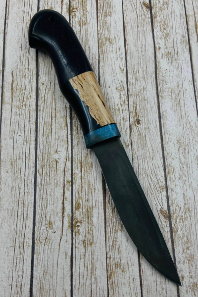 Нож "Якут" сталь Х12МФ, рукоять гибрид: карельская береза янтарь и акрил черный, черный граб (распродажа)