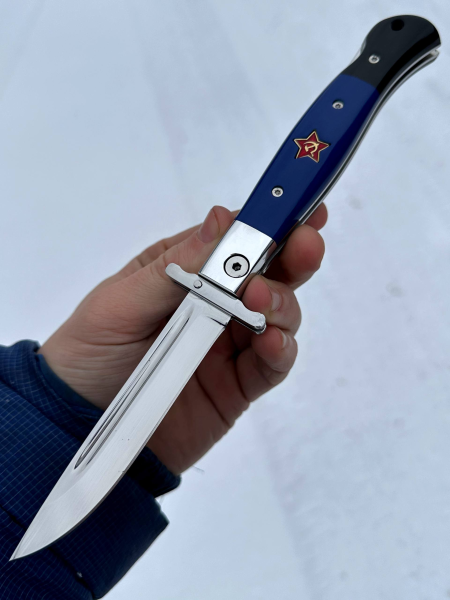 Складная Финка НКВД сталь х12мф, накладки акрил синий и черный с красной звездой